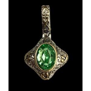 Large Statement Green Crystal Pendant Ornate Silver Tone John Candice JC Boho